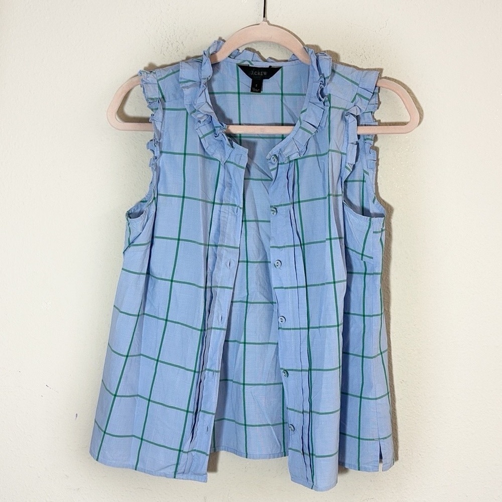 J.‎ Crew Ruffle Button Down Shirt Windowpane Plaid 100% cotton blue green size 2 - Picture 9 of 9